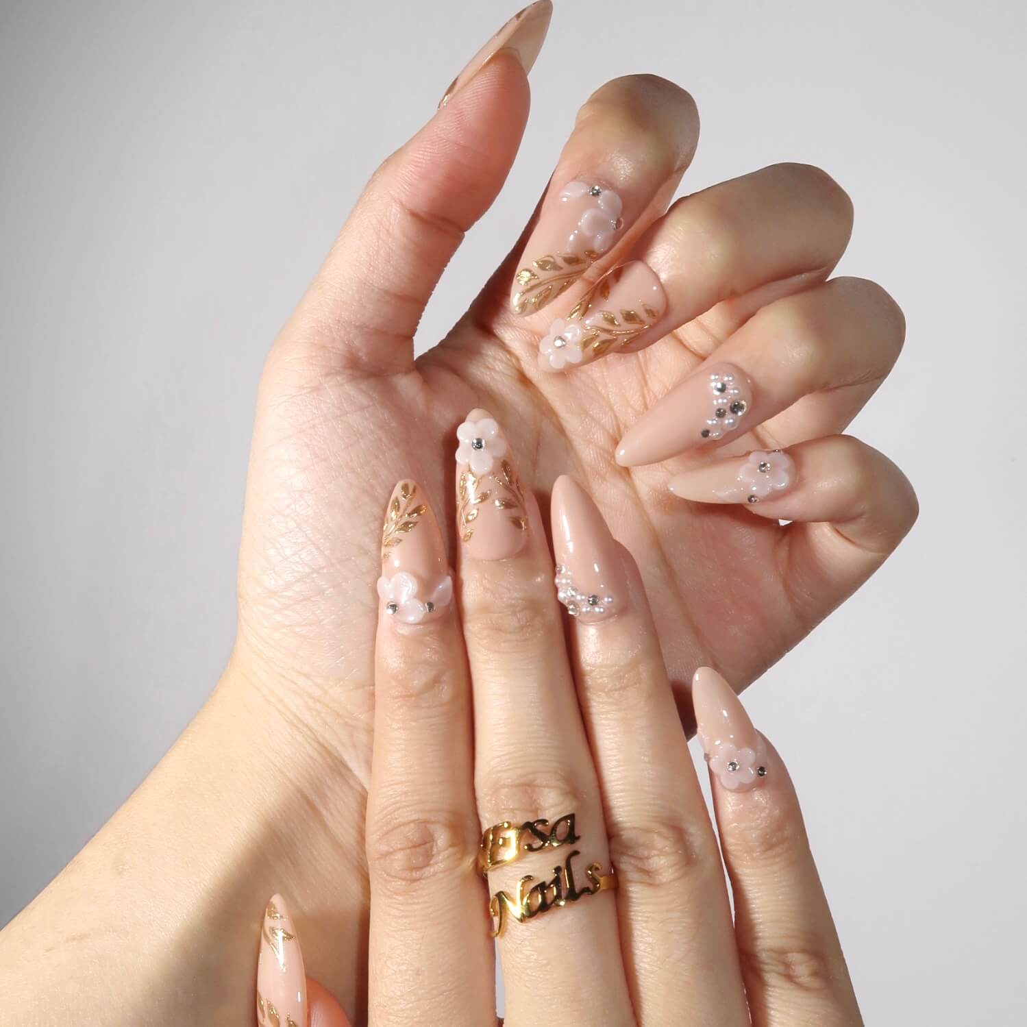 Extra-Long Stiletto Nails with Gold Floral Motifs and 3D Flowers — Elegant Bridal Nails