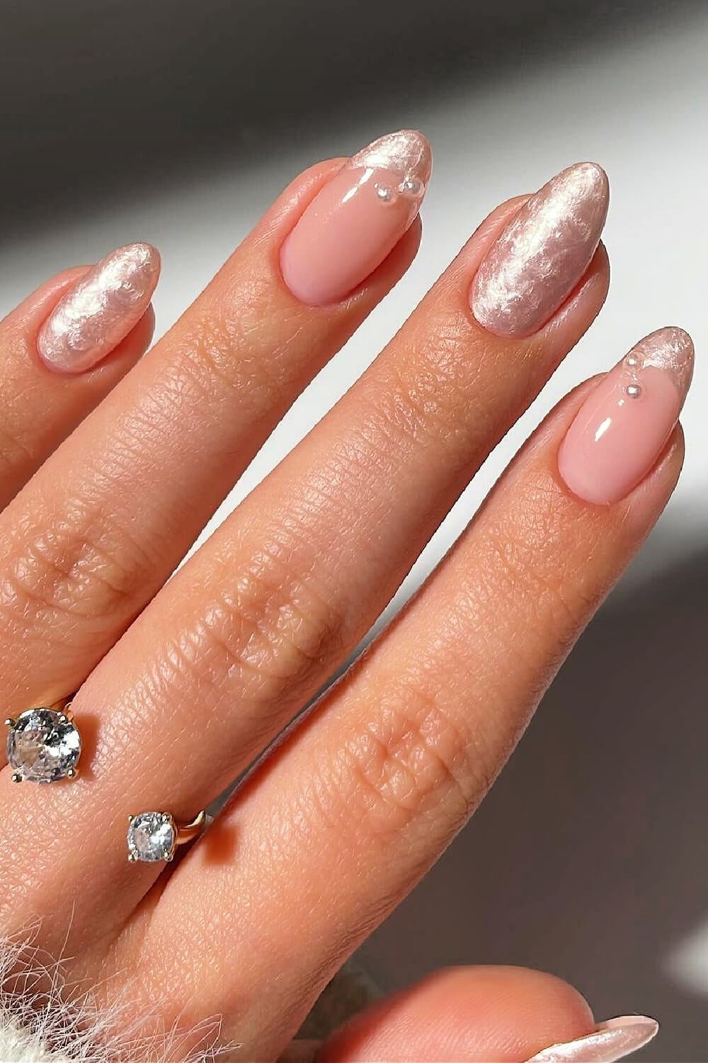 Medium Almond Nails with Pearl Accents and Textured Finish — Elegant Bridal Nails