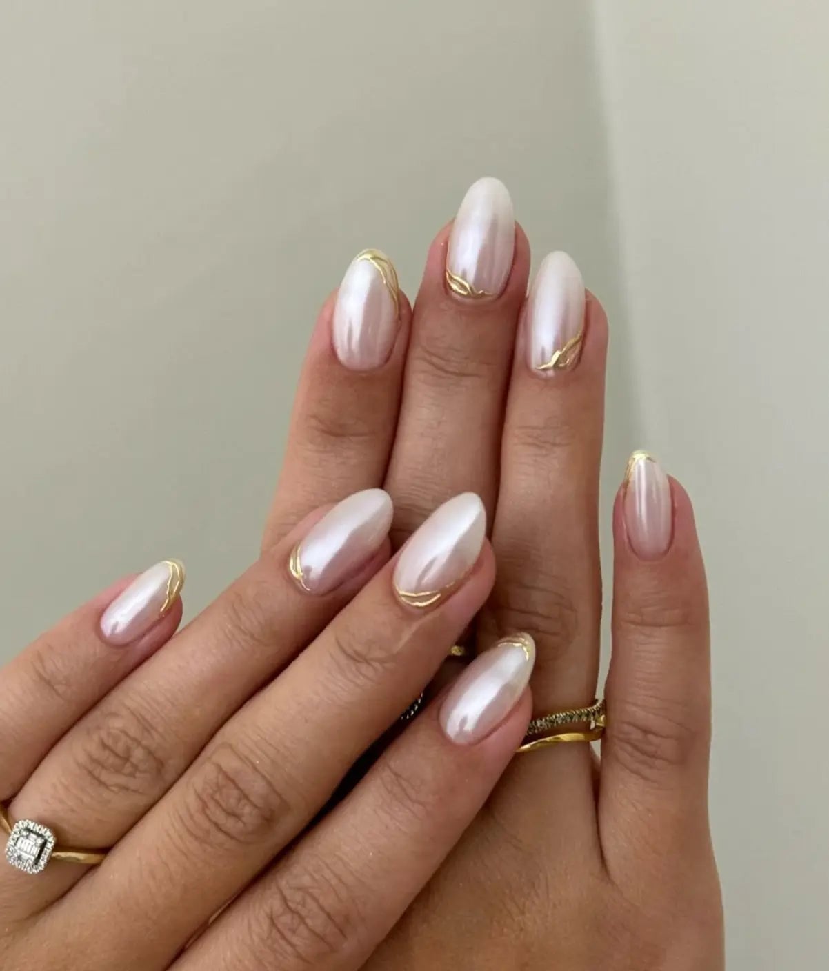 Medium Almond Nails with Pearlescent White and Gold Lines — Elegant Bridal Nails