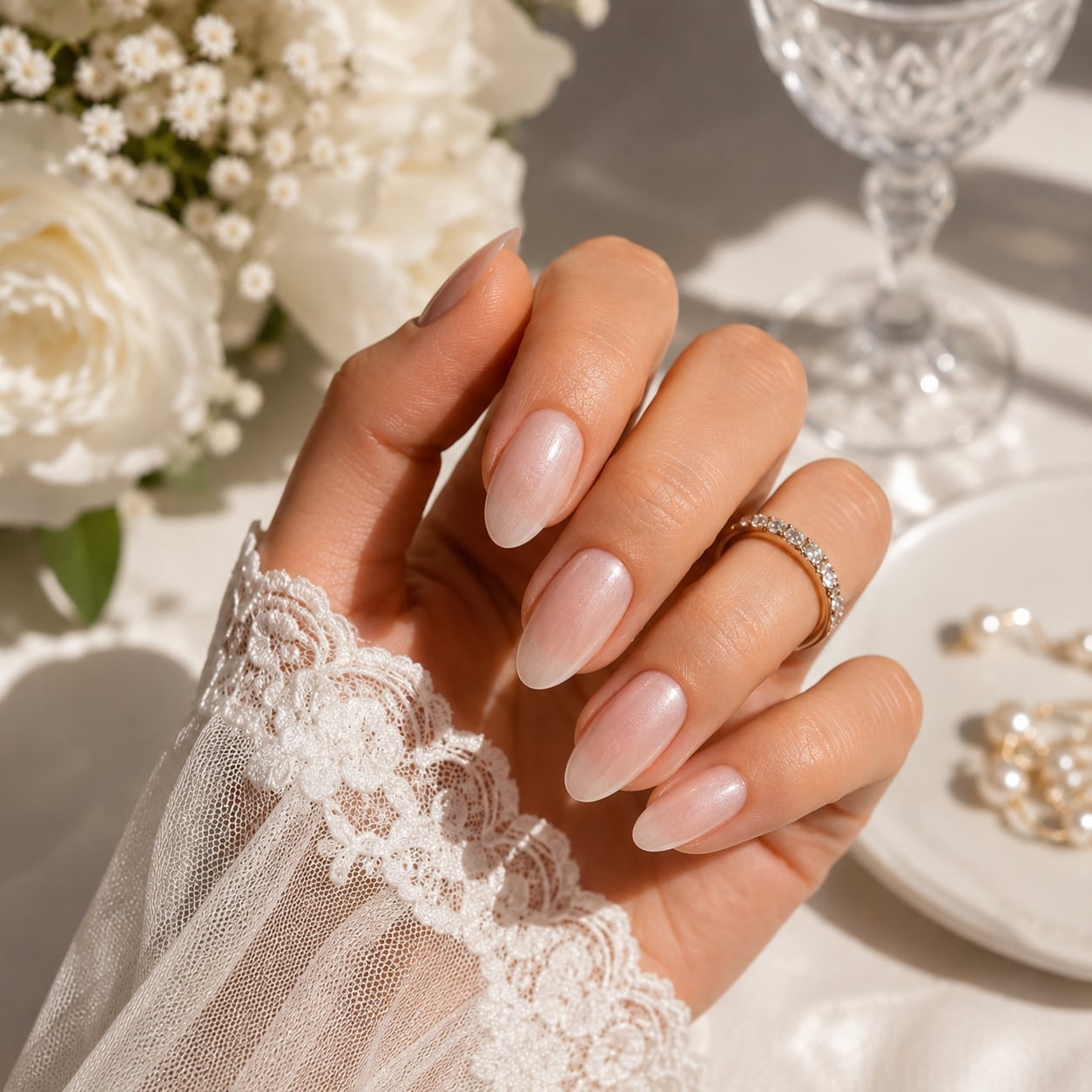 Sheer Pale Pink Oval Nails with Subtle Cuticle Shimmer — Elegant Bridal Nails