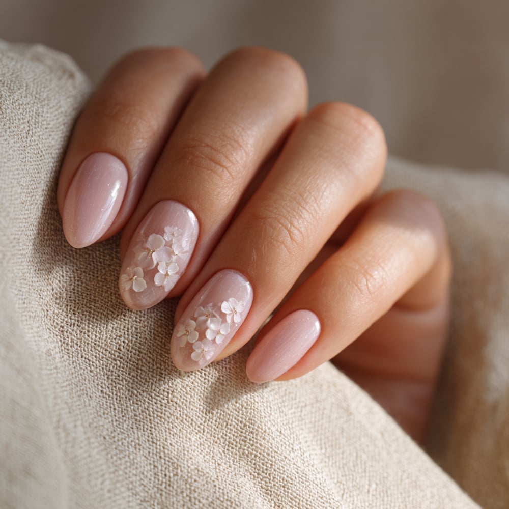 Pale Pink Oval Nails with 3D Floral Appliques — Elegant Bridal Nails
