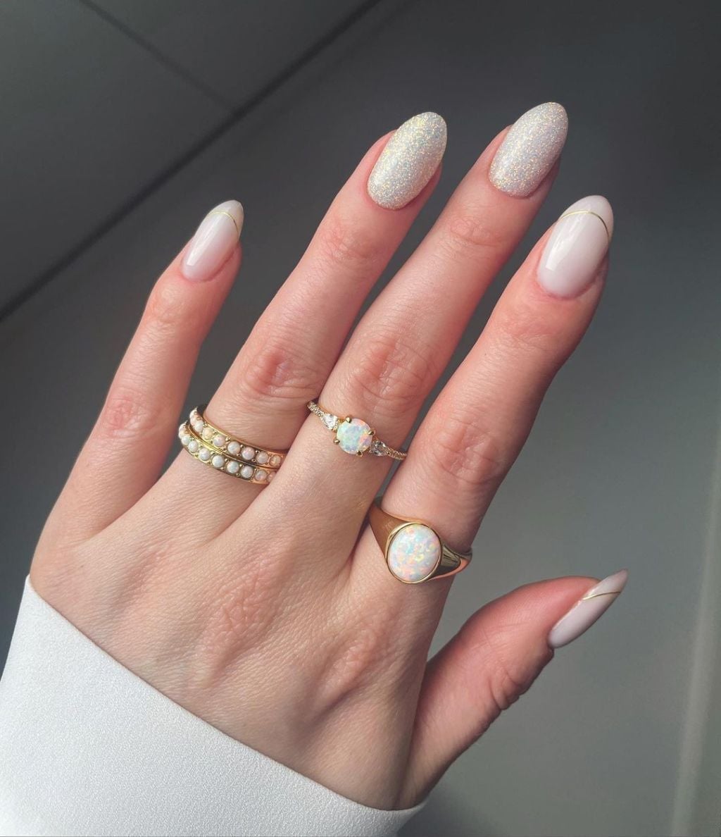 Milky White Oval Nails with Subtle Gold Lines — Elegant Bridal Nails
