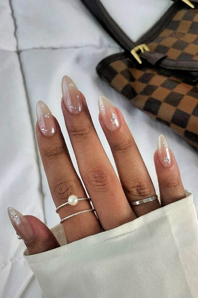Sheer Milky Pink Oval Nails with Pearl and Rhinestone Accents — Elegant Bridal Nails