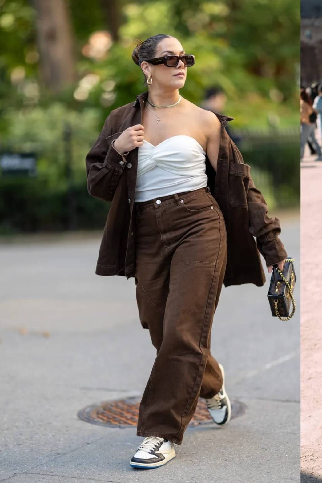 Matching Brown Denim Set with White Strapless Top Matching Brown Denim Set with White Strapless Top — Elegant Brown Jeans Outfits