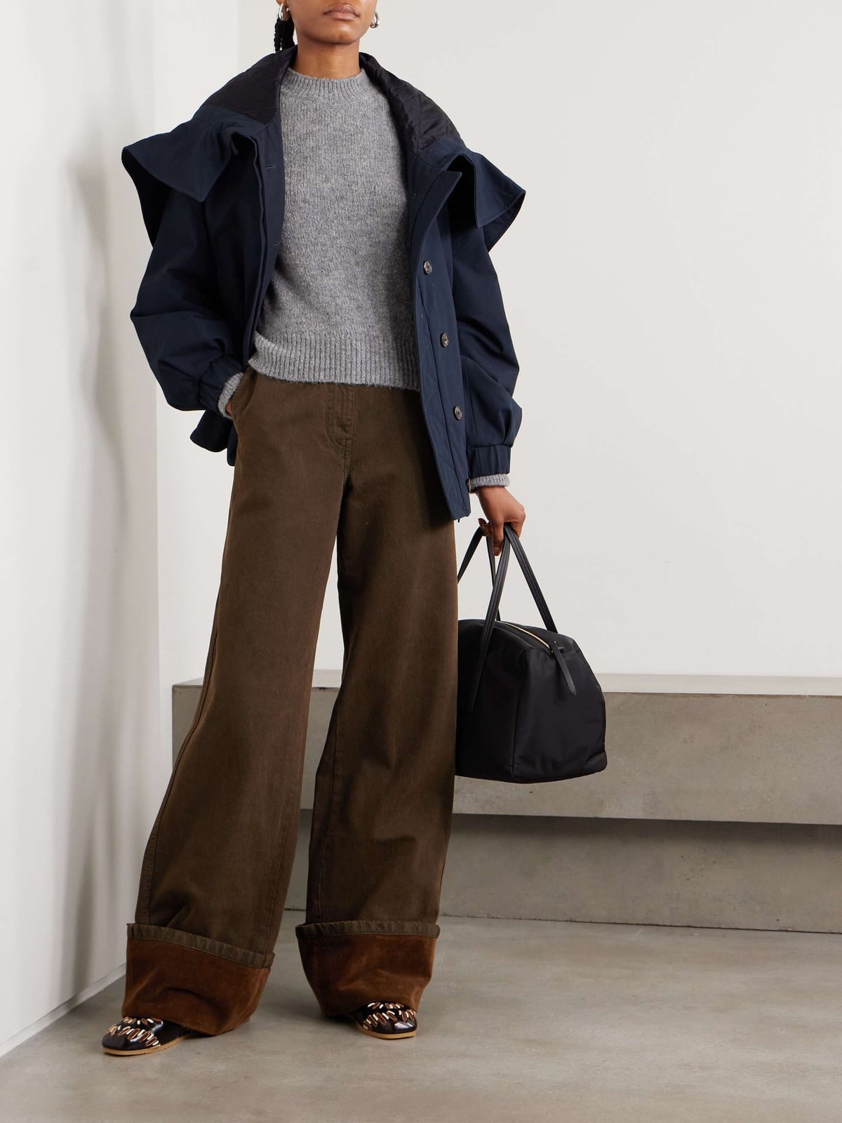 Wide Leg Brown Corduroy Trousers with Navy Jacket Wide Leg Brown Corduroy Trousers with Navy Jacket — Elegant Brown Jeans Outfits