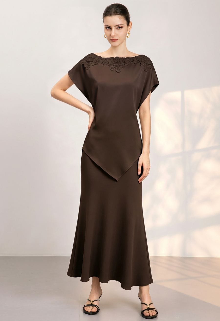 Brown Satin Maxi Skirt With Draped Satin Top — Elegant Brown Satin Skirt Outfit
