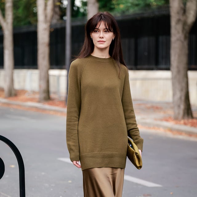 Brown Satin Bias-Cut Midi Skirt With Olive Green Sweater — Elegant Brown Satin Skirt Outfit