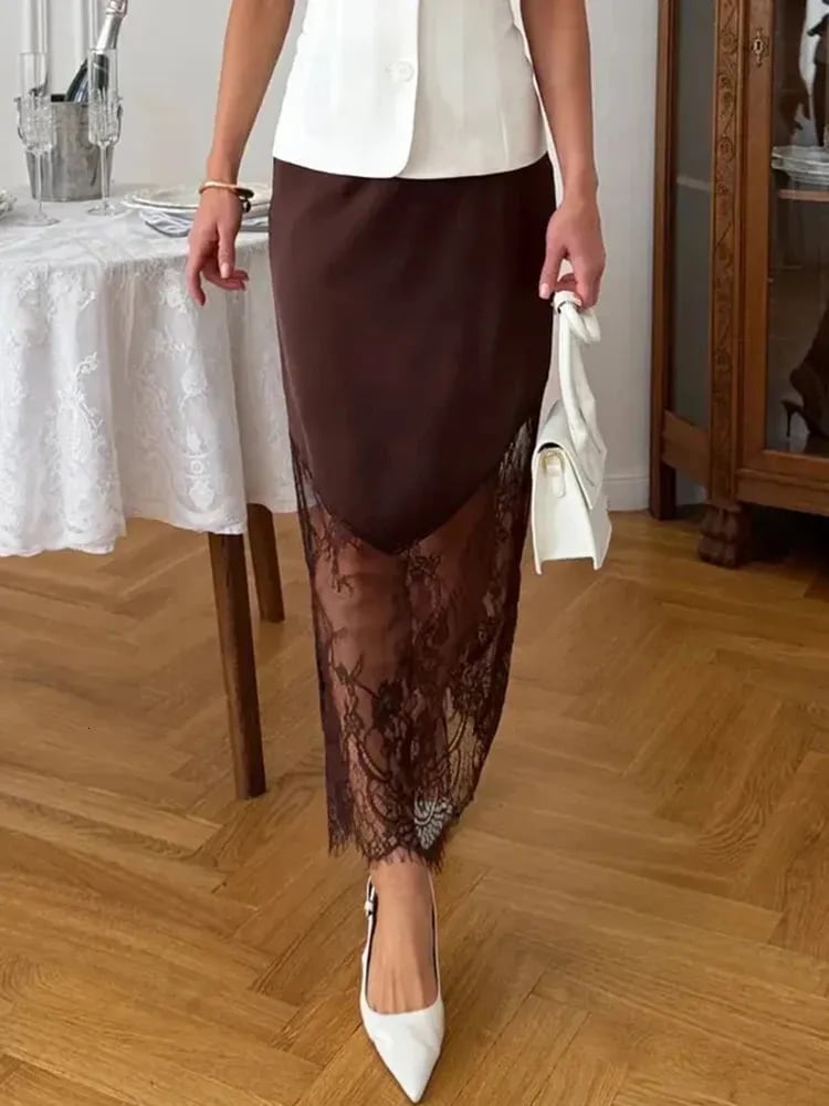 Brown Satin Pencil Skirt With Lace Trim and White Blazer — Elegant Brown Satin Skirt Outfit