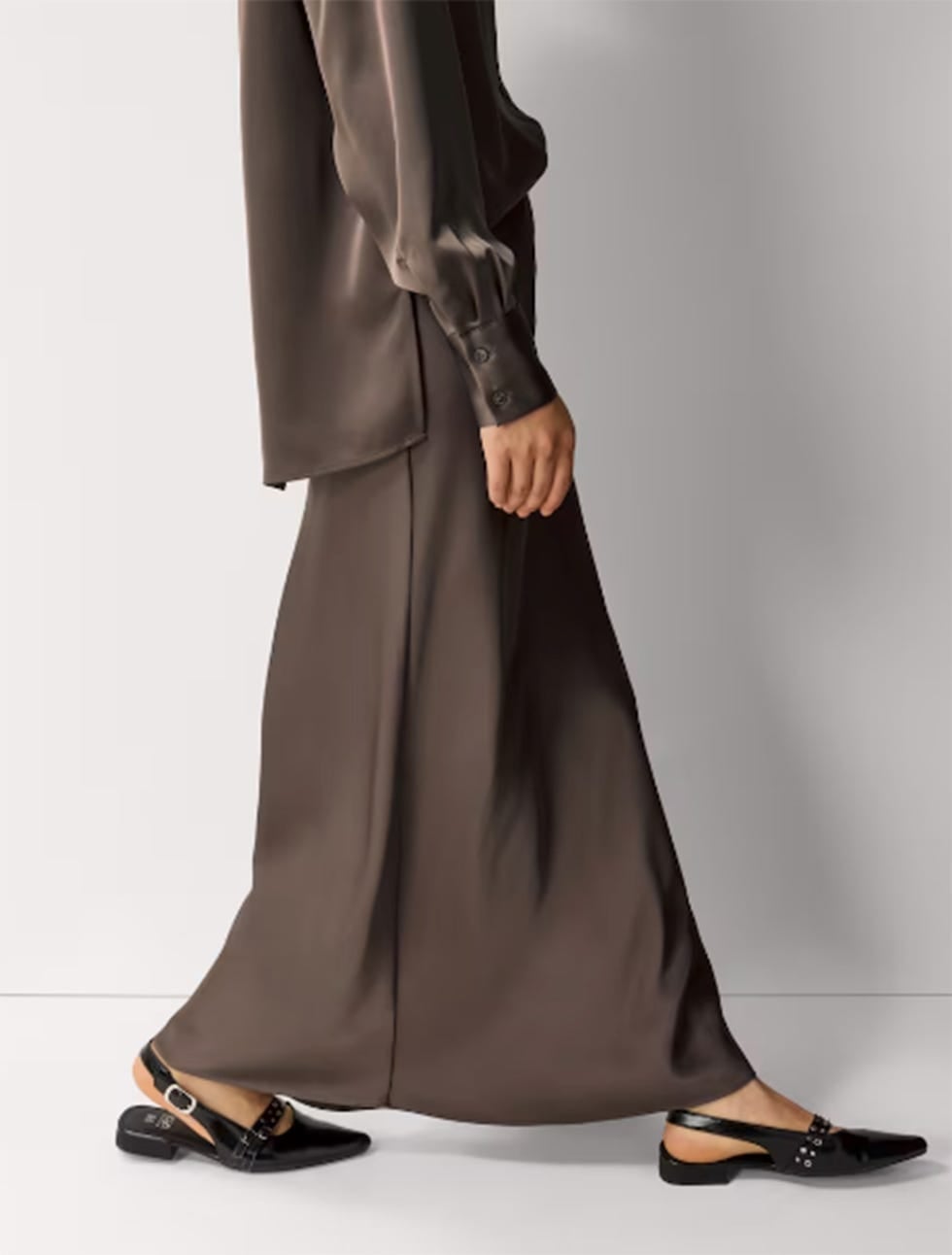Brown Satin Maxi Skirt With Long-Sleeved Blouse — Elegant Brown Satin Skirt Outfit