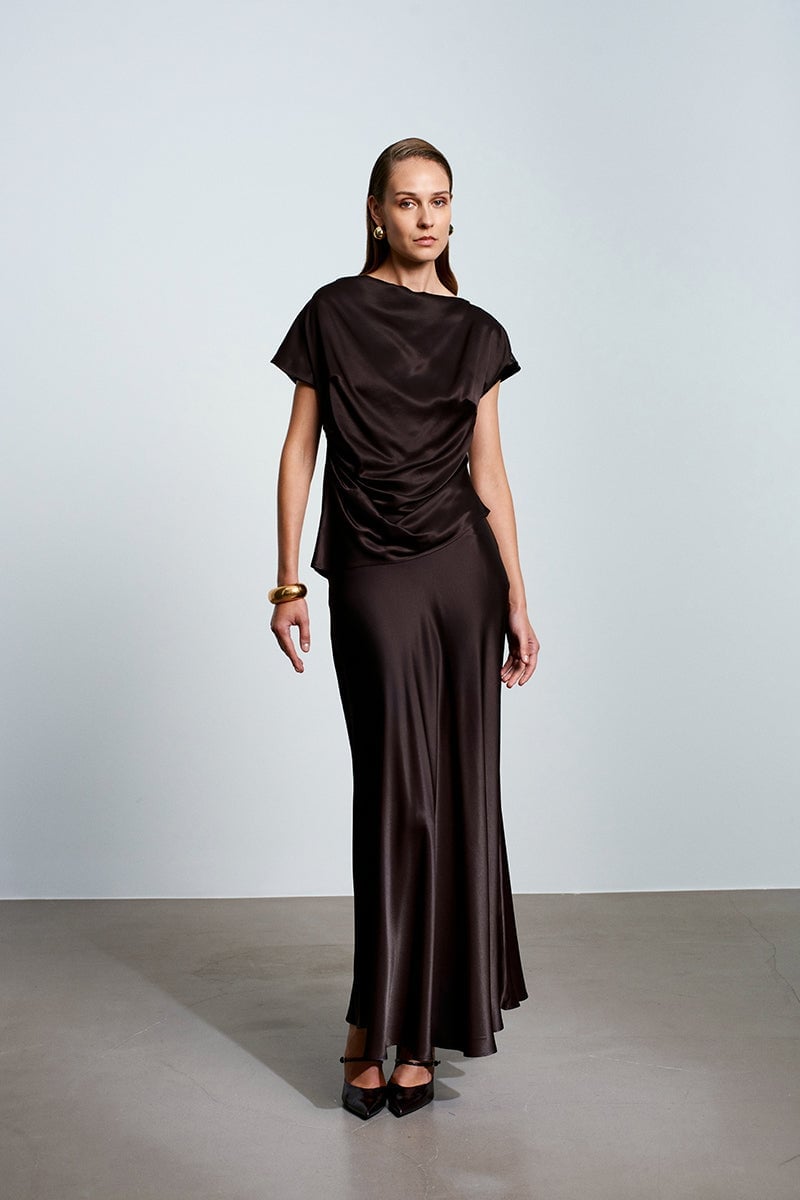 Dark Brown Satin Bias-Cut Skirt With Draped Top — Elegant Brown Satin Skirt Outfit
