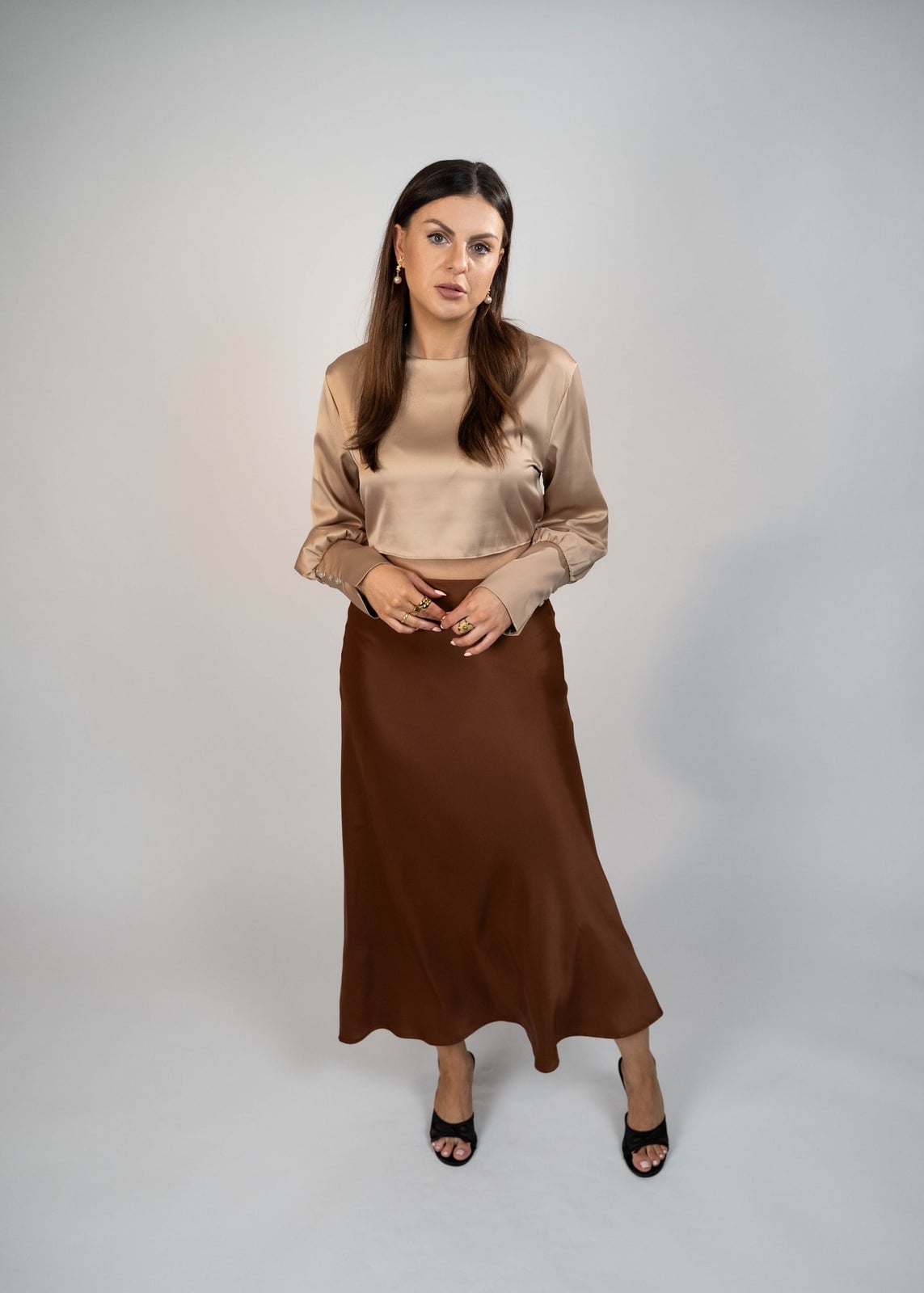 Brown Satin Bias-Cut Midi Skirt With Beige Satin Blouse — Elegant Brown Satin Skirt Outfit