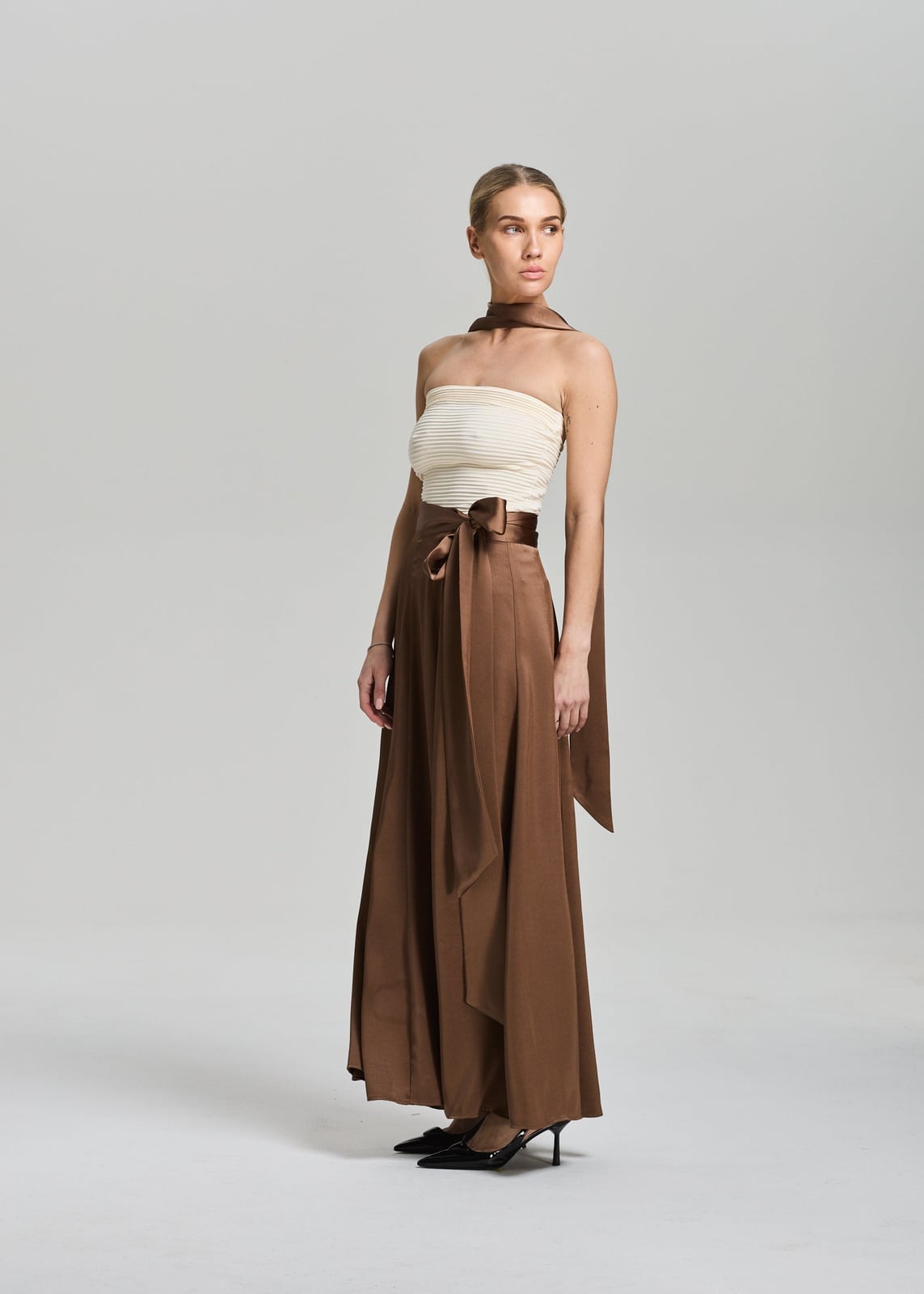 Oversized Brown Satin Skirt With White Strapless Top — Elegant Brown Satin Skirt Outfit