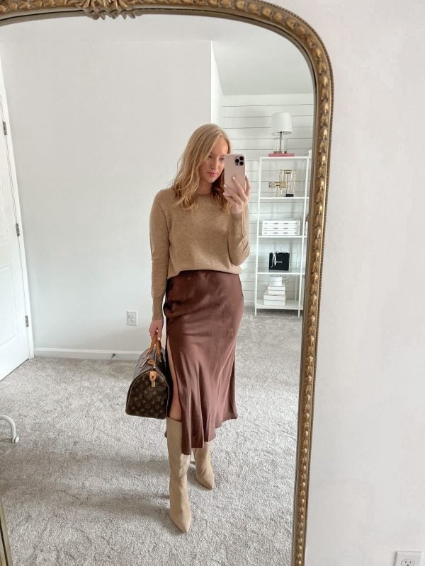 Brown Satin Midi Skirt With Beige Knit Sweater and Boots — Elegant Brown Satin Skirt Outfit