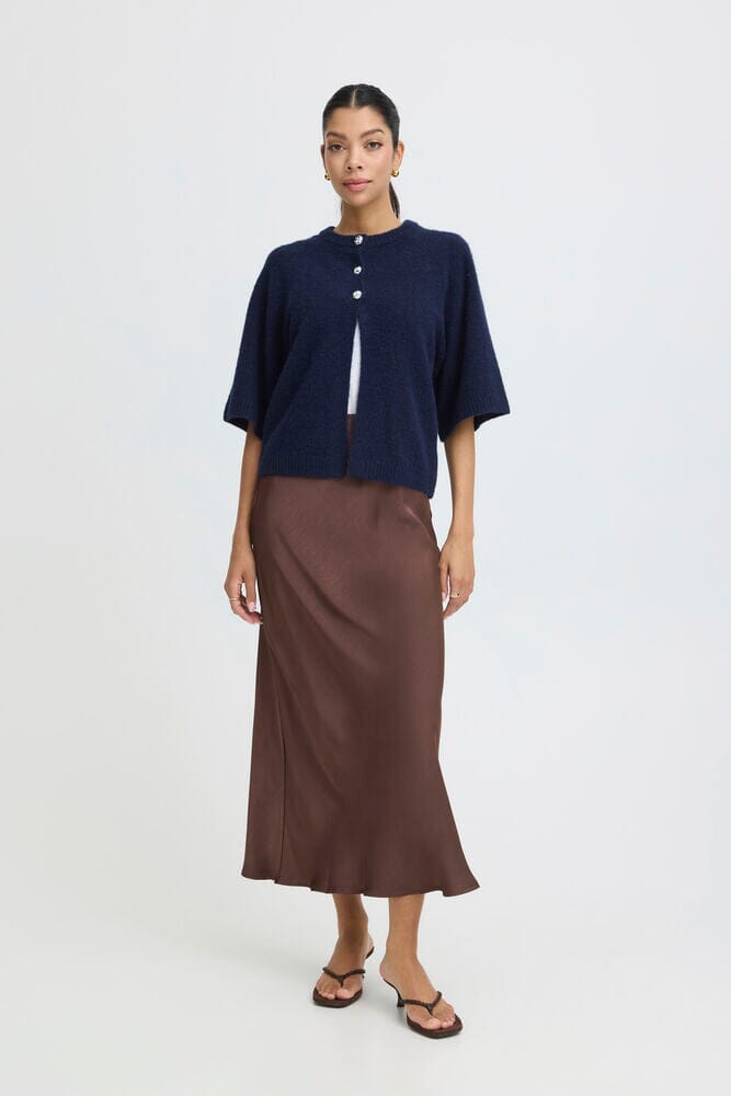 Brown Satin Slip Skirt With Navy Cardigan — Elegant Brown Satin Skirt Outfit