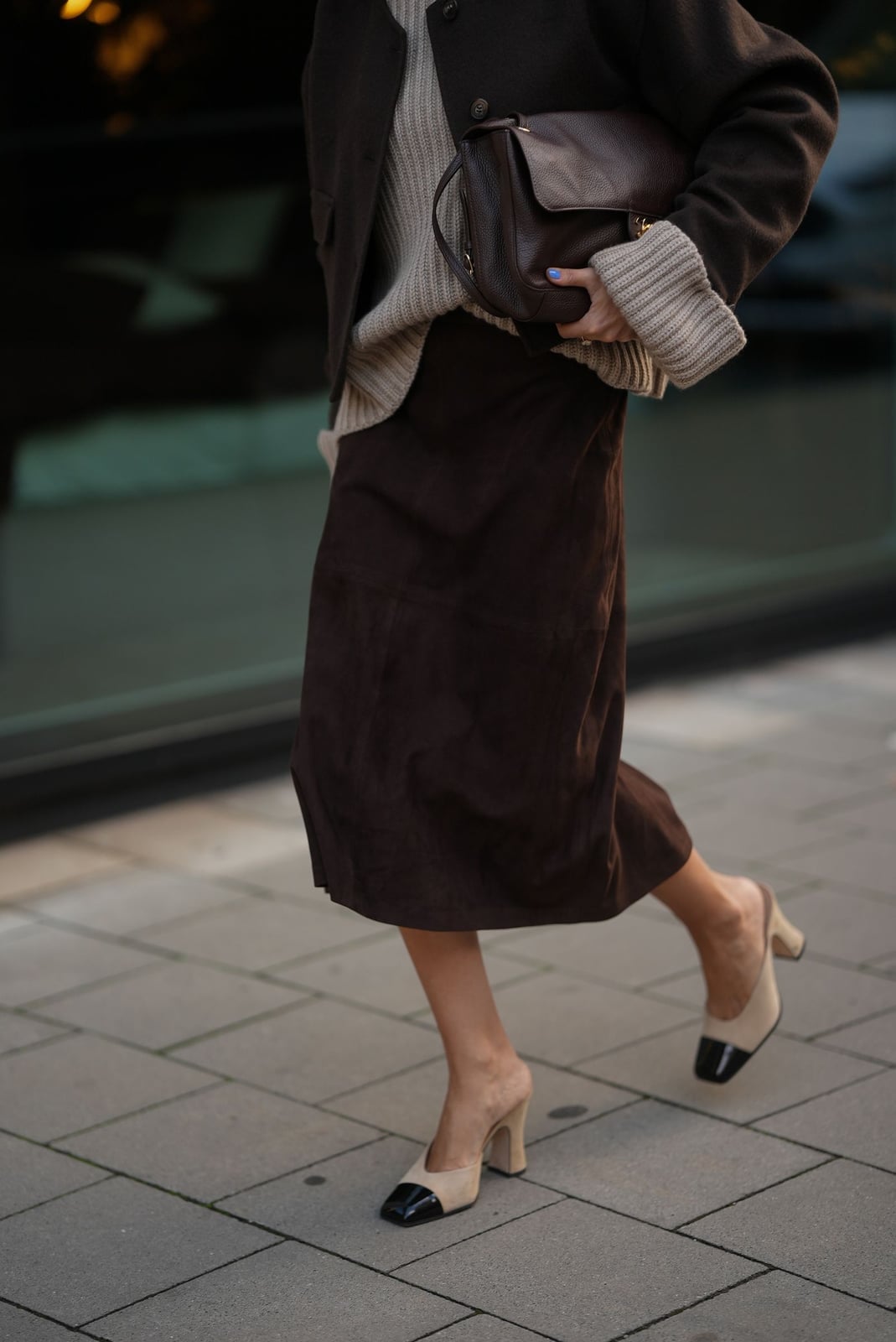 Brown Suede-Like A-line Skirt With Beige Sweater — Elegant Brown Satin Skirt Outfit