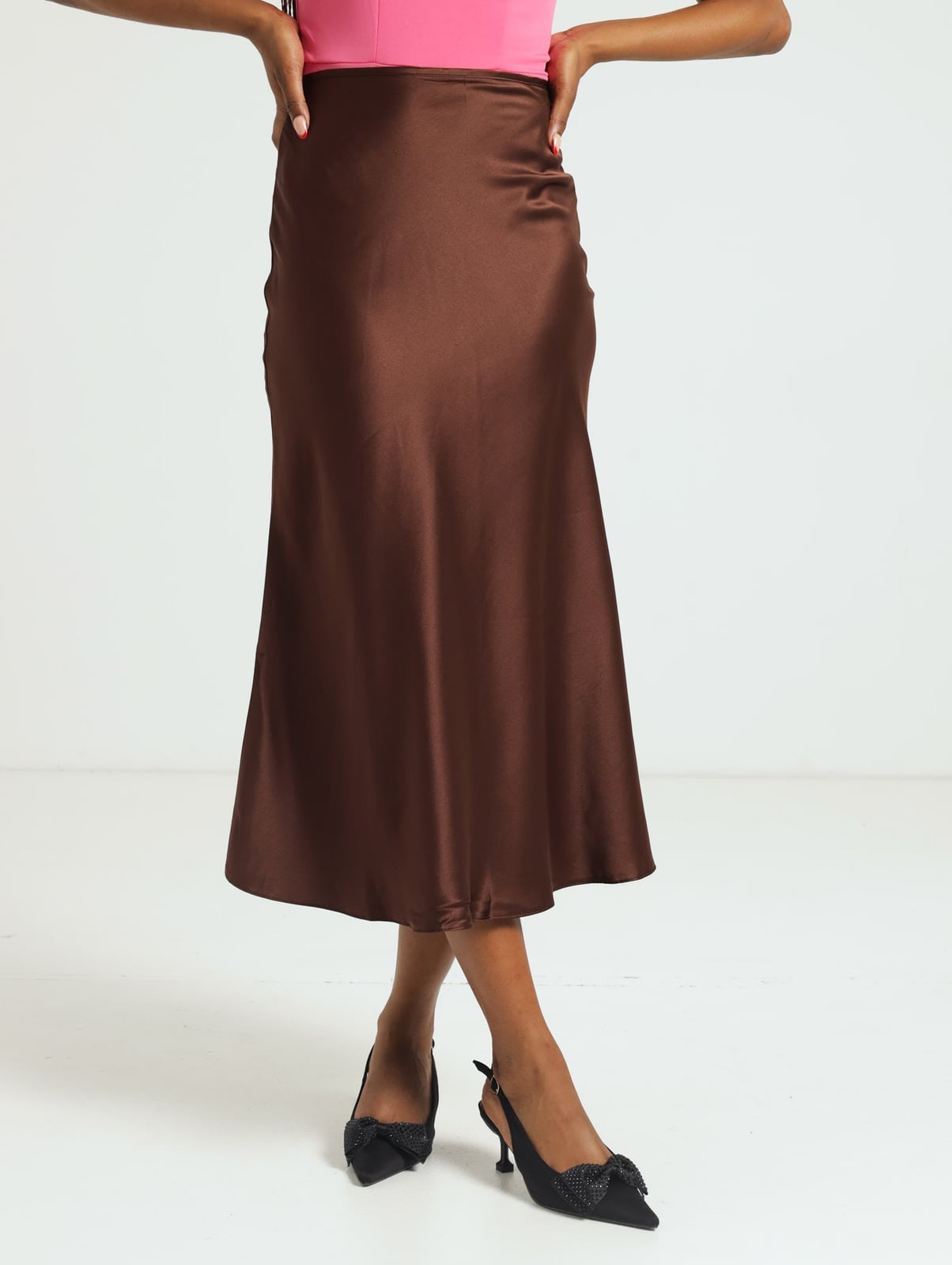 Rich Brown Satin Bias-Cut Midi Skirt With Slingback Heels — Elegant Brown Satin Skirt Outfit