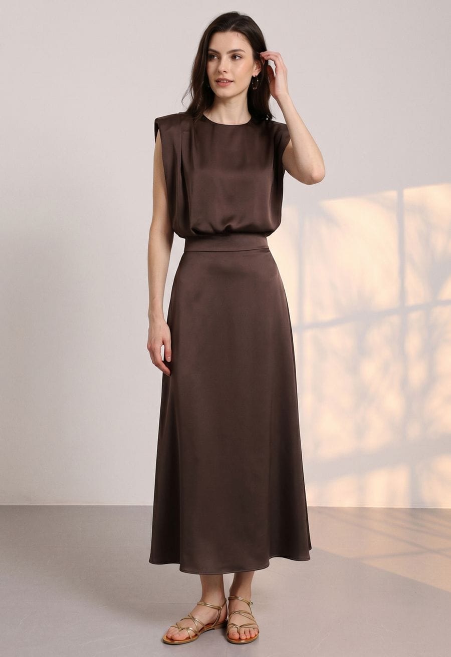 Brown Satin Midi Skirt With Matching Satin Top — Elegant Brown Satin Skirt Outfit