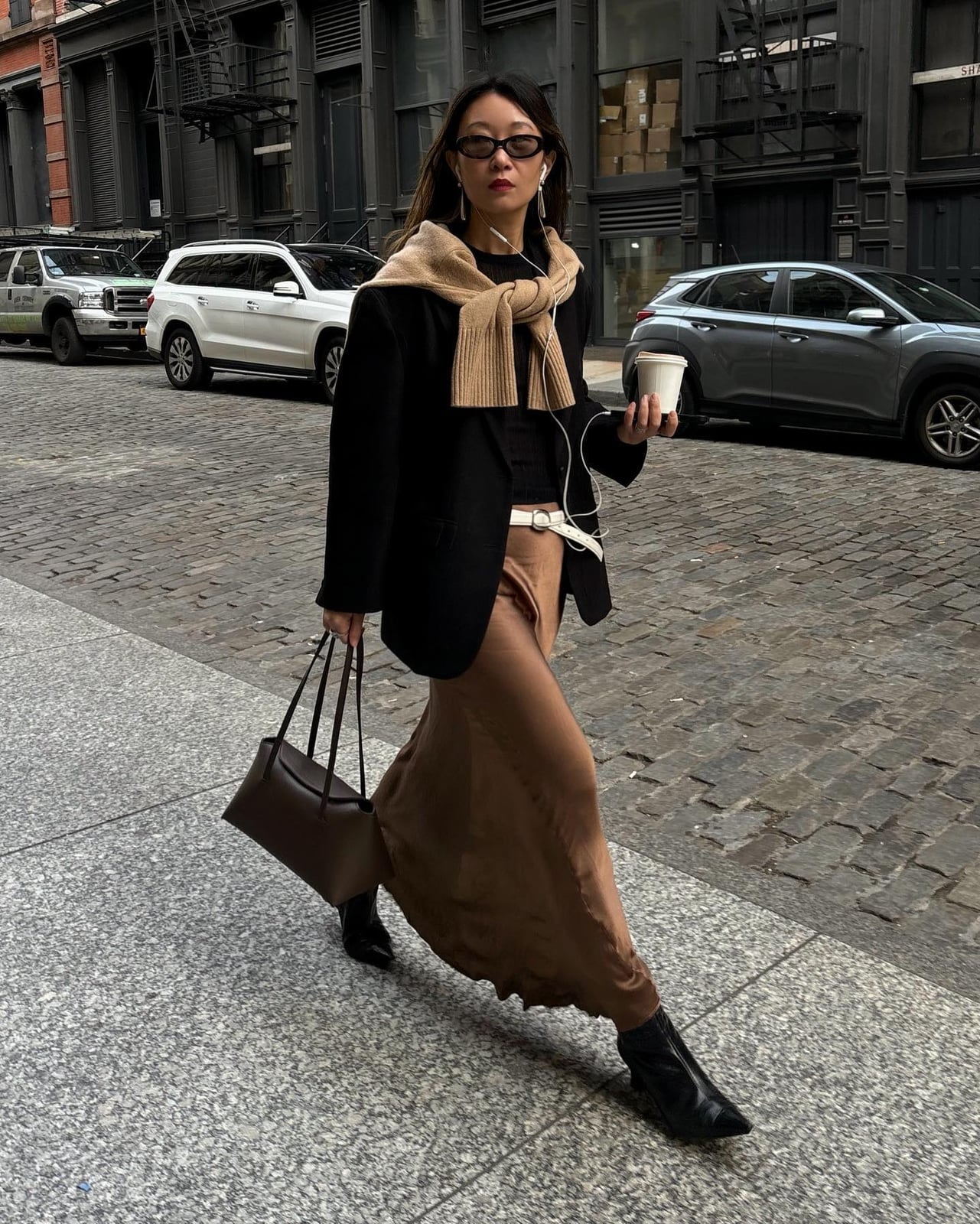 Flowy Brown Satin Midi Skirt With Black Blazer — Elegant Brown Satin Skirt Outfit