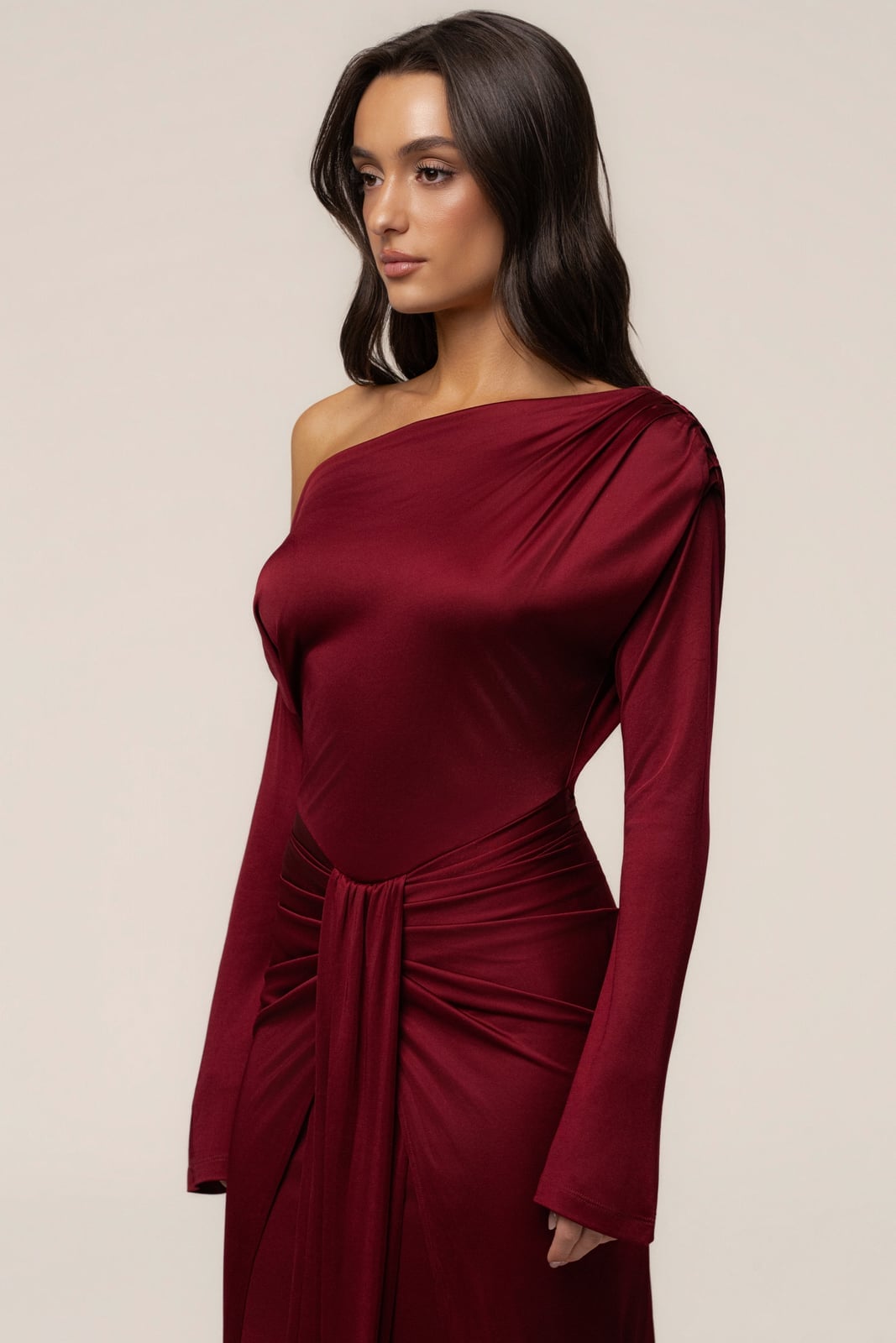 Draped Burgundy Maxi Dress with One-Shoulder Neckline, Close-Up Take Draped Burgundy Maxi Dress with One-Shoulder Neckline, Close-Up Take — Elegant Burgundy Dress Outfit