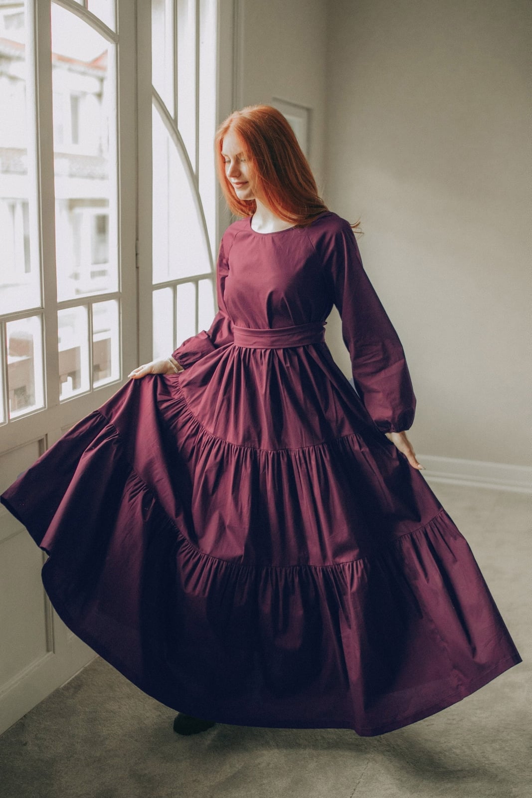 Burgundy Cotton Maxi Dress with Tiered Skirt Burgundy Cotton Maxi Dress with Tiered Skirt — Elegant Burgundy Dress Outfit