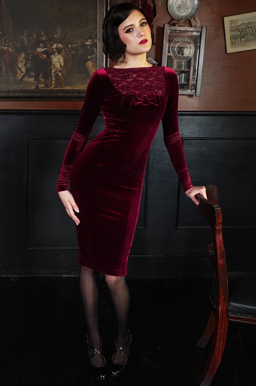 Burgundy Velvet Wiggle Dress with Lace Neckline Burgundy Velvet Wiggle Dress with Lace Neckline — Elegant Burgundy Dress Outfit