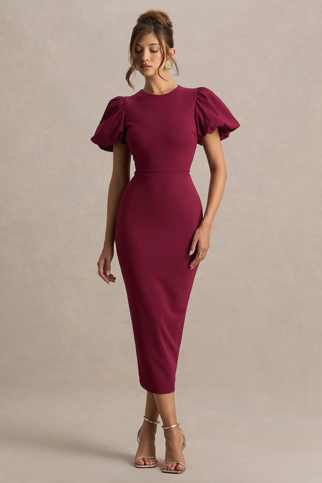 Midi Dress with Statement Puff Sleeves in Burgundy Midi Dress with Statement Puff Sleeves in Burgundy — Elegant Burgundy Dress Outfit