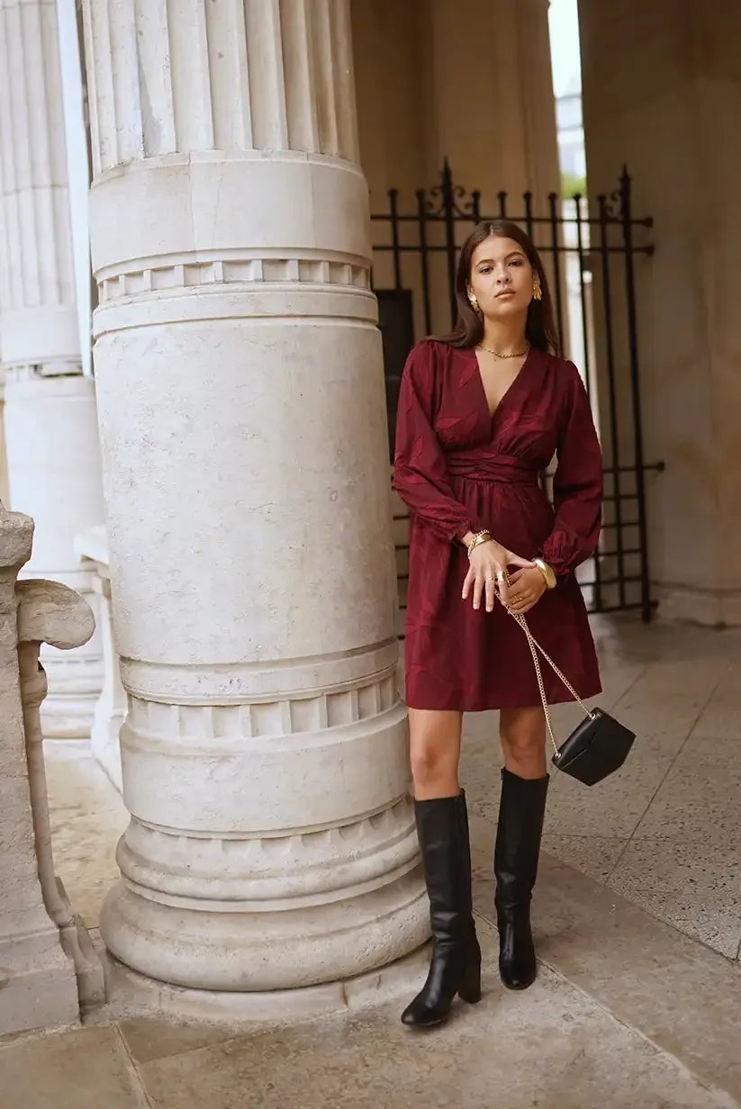 Burgundy Wrap Dress with Statement Sleeves and Knee-High Boots Burgundy Wrap Dress with Statement Sleeves and Knee-High Boots — Elegant Burgundy Dress Outfit