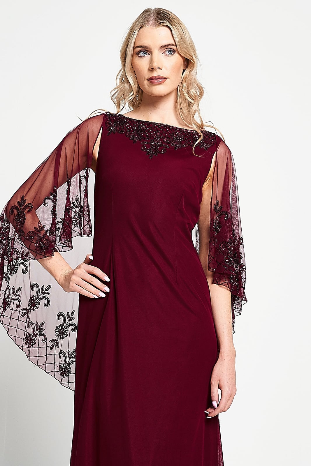 Burgundy Maxi Dress with Embellished Cape Sleeves and Beaded Neckline Burgundy Maxi Dress with Embellished Cape Sleeves and Beaded Neckline — Elegant Burgundy Dress Outfit