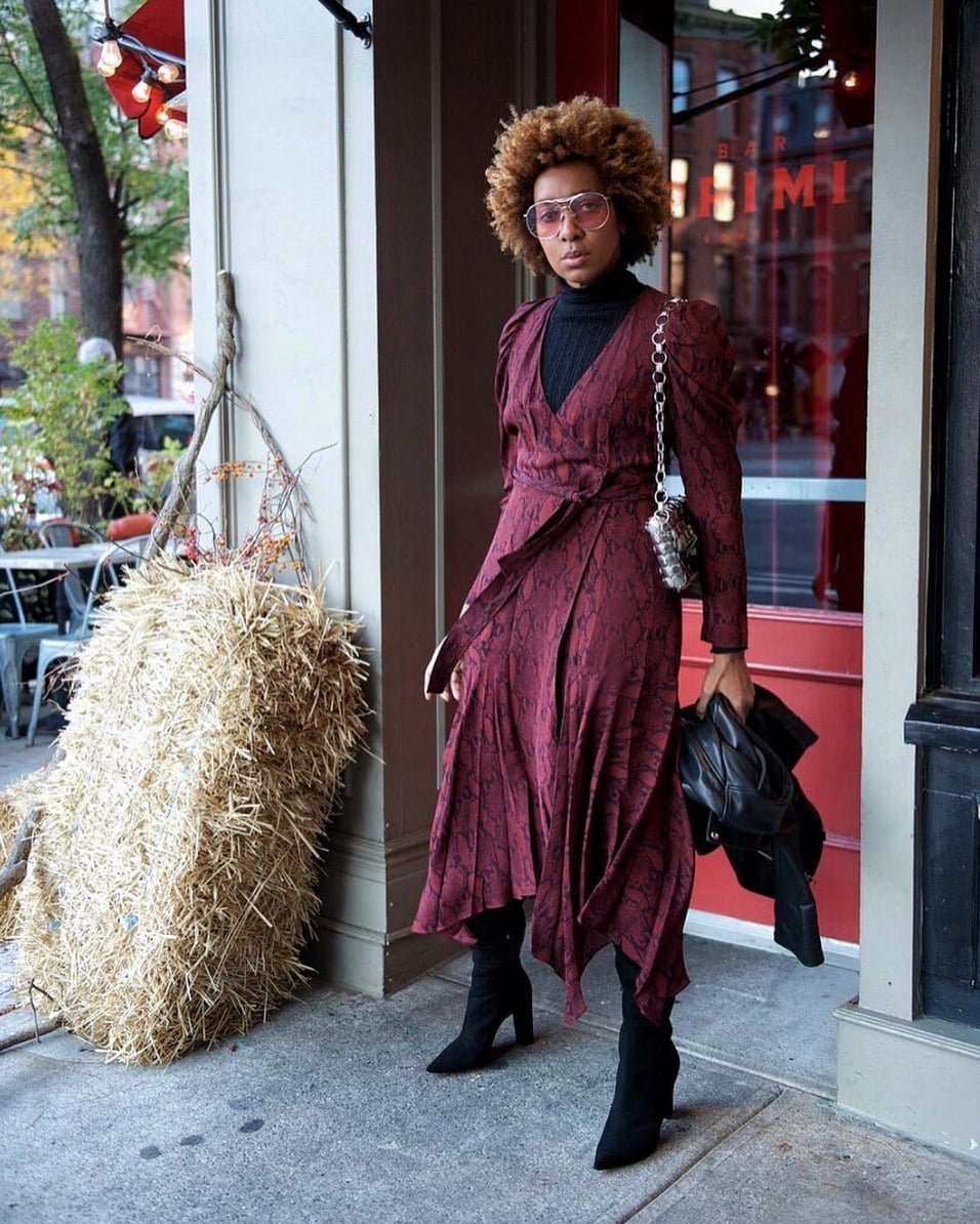 Burgundy Patterned Midi Wrap Dress with Puffed Sleeves Burgundy Patterned Midi Wrap Dress with Puffed Sleeves — Elegant Burgundy Dress Outfit