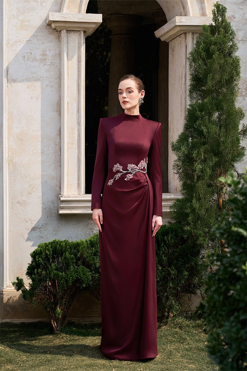 Elegant Burgundy Silk Gown with Embellished Waist Elegant Burgundy Silk Gown with Embellished Waist — Elegant Burgundy Dress Outfit