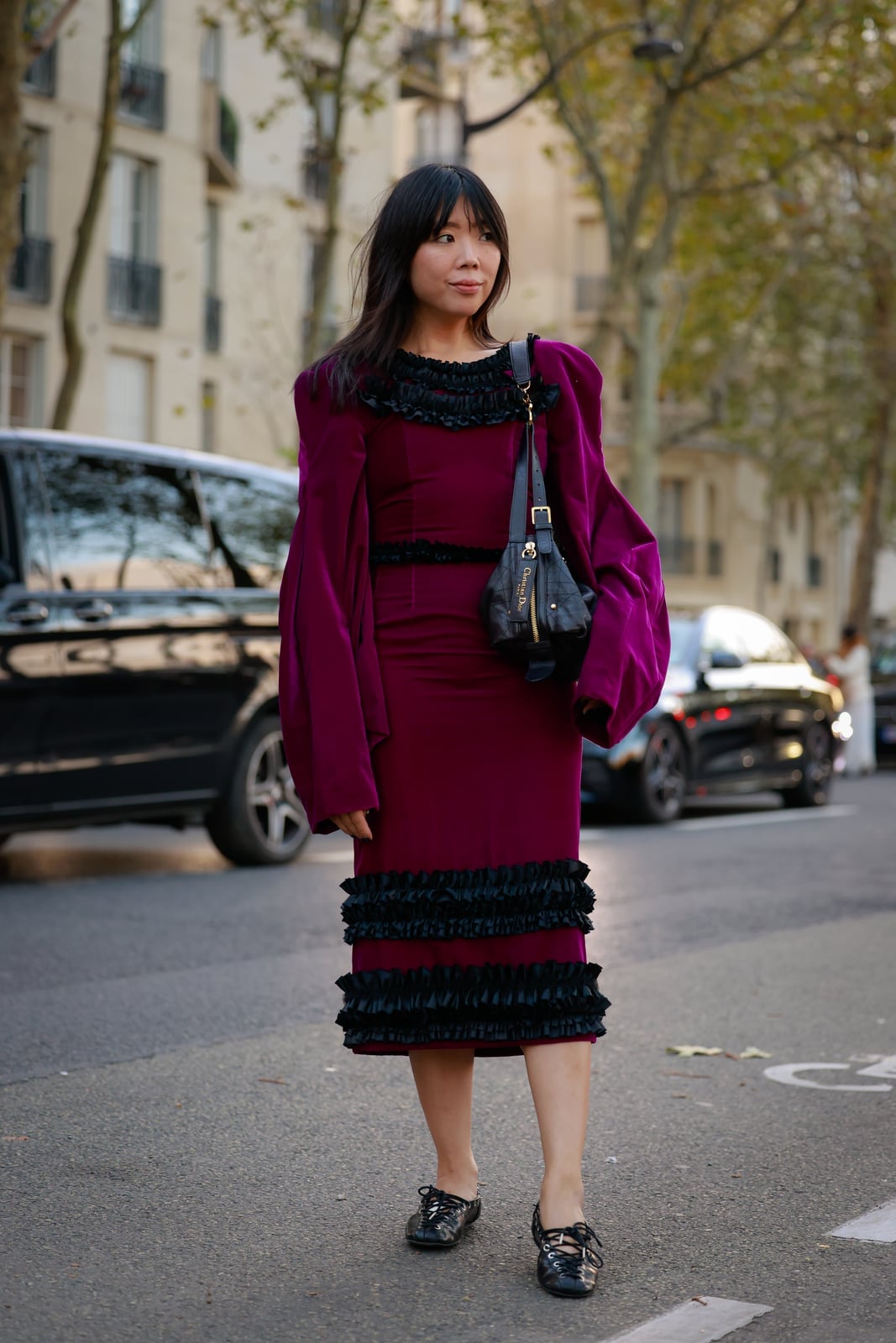 Burgundy Velvet Midi Dress with Statement Ruffled Sleeves Burgundy Velvet Midi Dress with Statement Ruffled Sleeves — Elegant Burgundy Dress Outfit