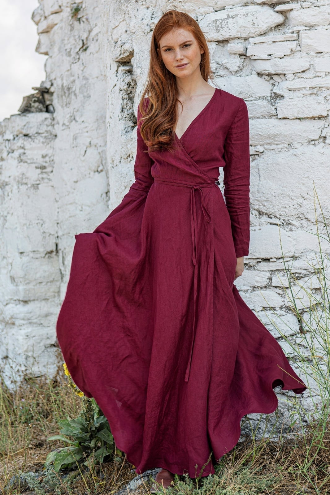 Burgundy Linen Maxi Dress with Tie Waist Burgundy Linen Maxi Dress with Tie Waist — Elegant Burgundy Dress Outfit
