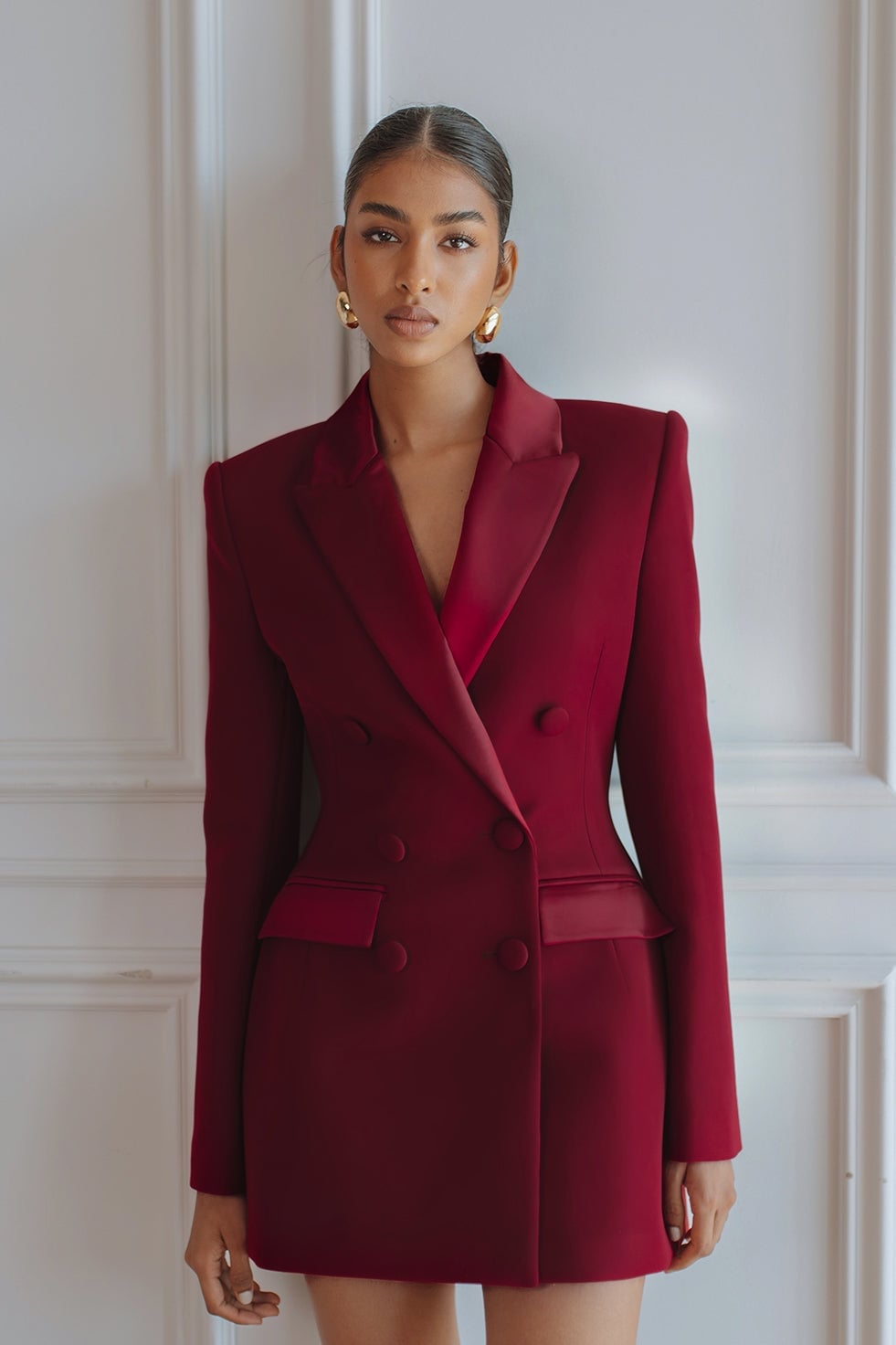 Burgundy Blazer Dress with Satin Lapels Burgundy Blazer Dress with Satin Lapels — Elegant Burgundy Dress Outfit