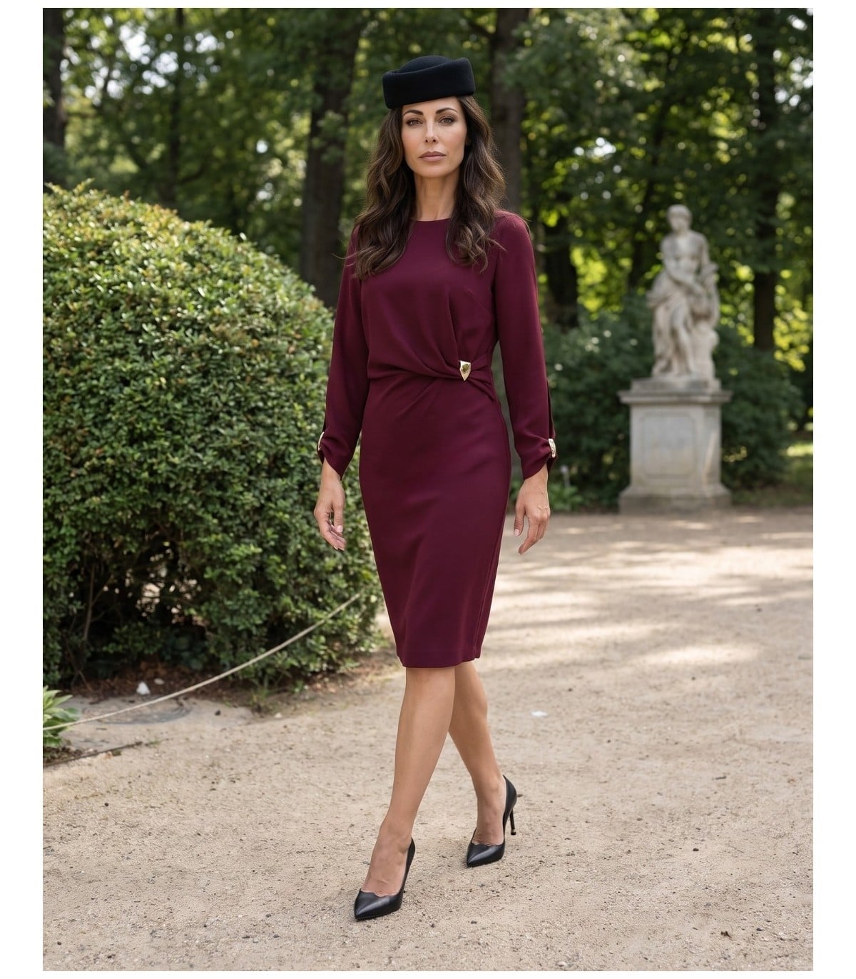Burgundy Long Sleeve Midi Dress with Gold Buckle Burgundy Long Sleeve Midi Dress with Gold Buckle — Elegant Burgundy Dress Outfit