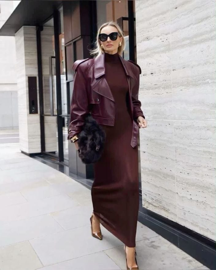 Burgundy Knit Maxi Dress with Leather Jacket Burgundy Knit Maxi Dress with Leather Jacket — Elegant Burgundy Dress Outfit