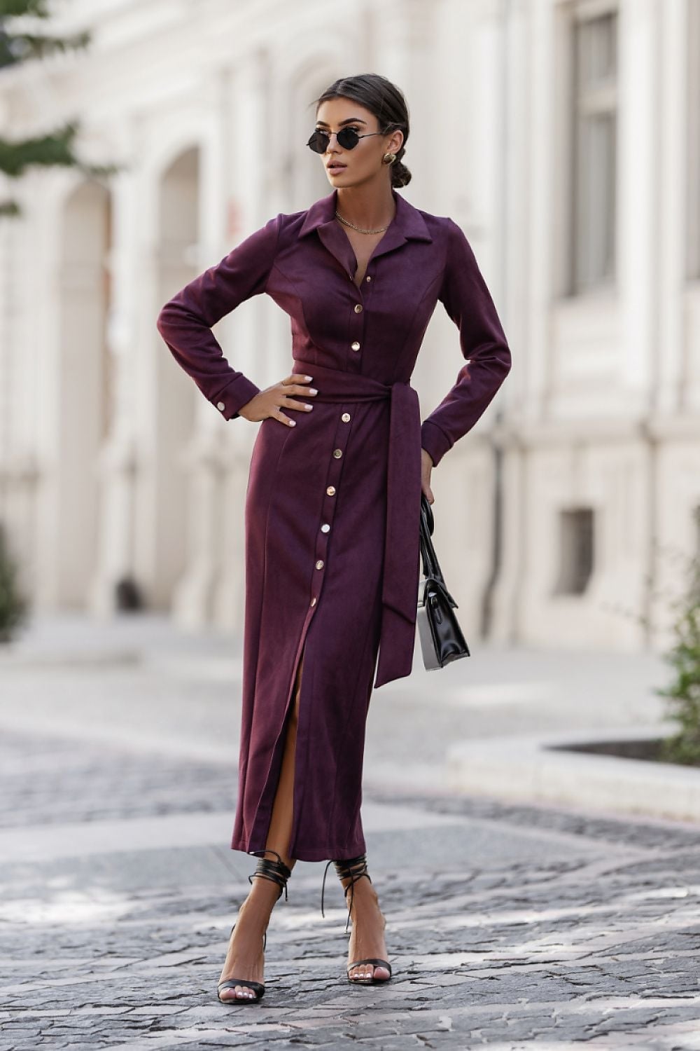 Belted Burgundy Shirt Dress with Gold Buttons and Strappy High Heels Belted Burgundy Shirt Dress with Gold Buttons and Strappy High Heels — Elegant Burgundy Dress Outfit