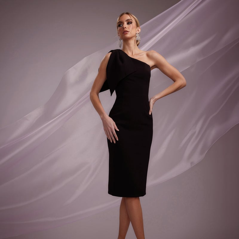 Black One-Shoulder Pencil Midi Dress with Bow Detail — Elegant Cocktail Dresses