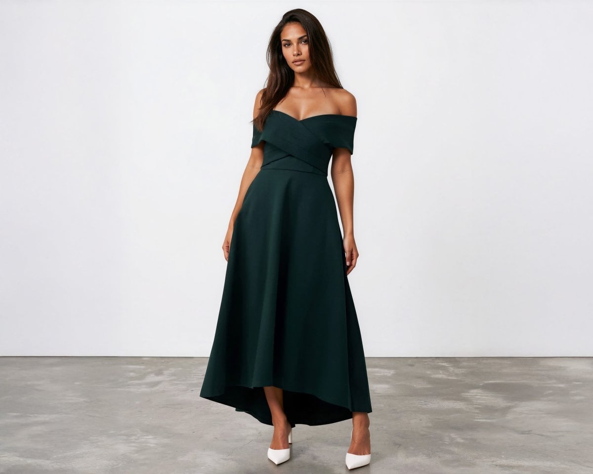 Dark Green Off-The-Shoulder Dress with High-Low Hem — Elegant Cocktail Dresses