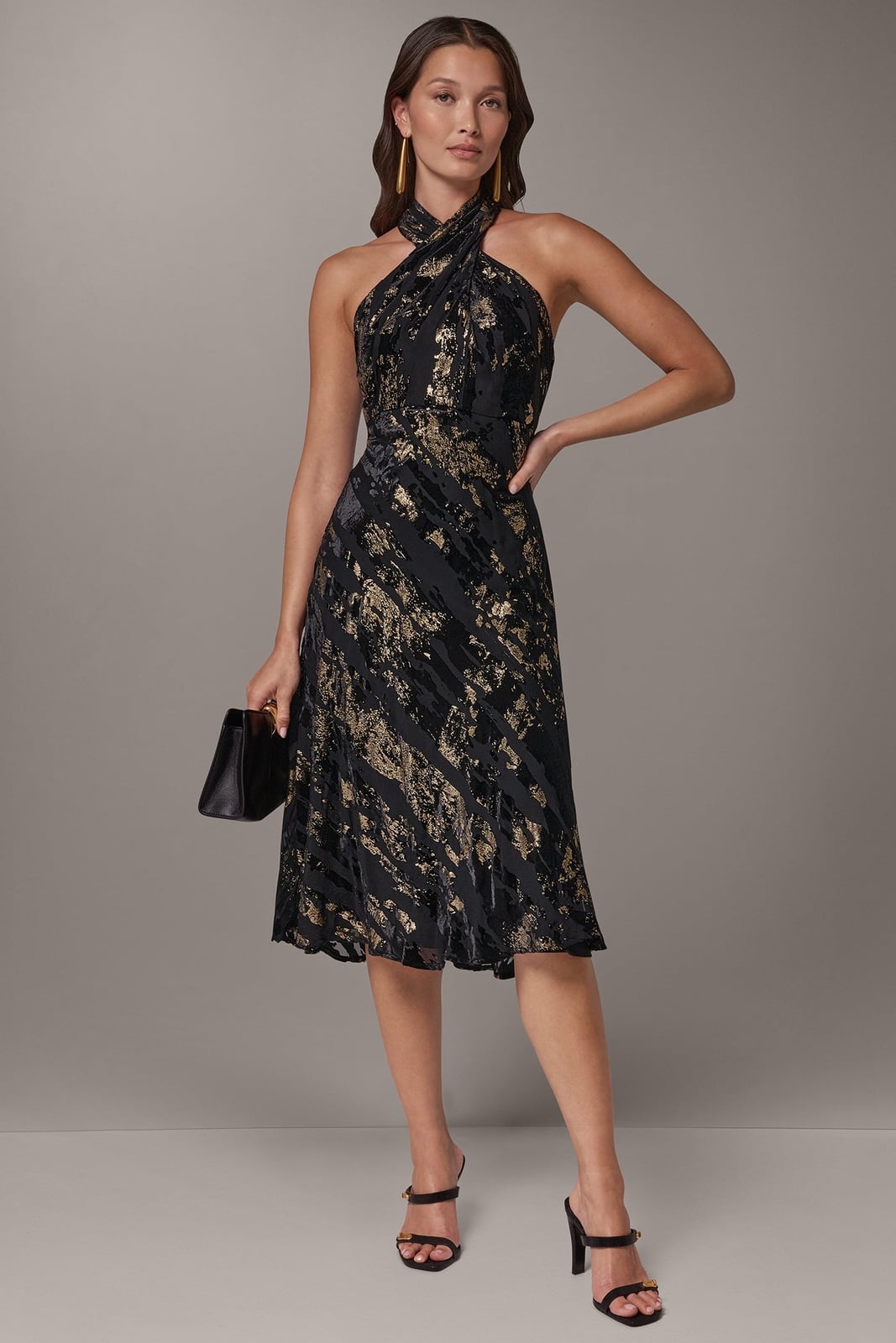 Black Halter Neck Midi Dress with Metallic Abstract Print — Elegant Cocktail Dresses
