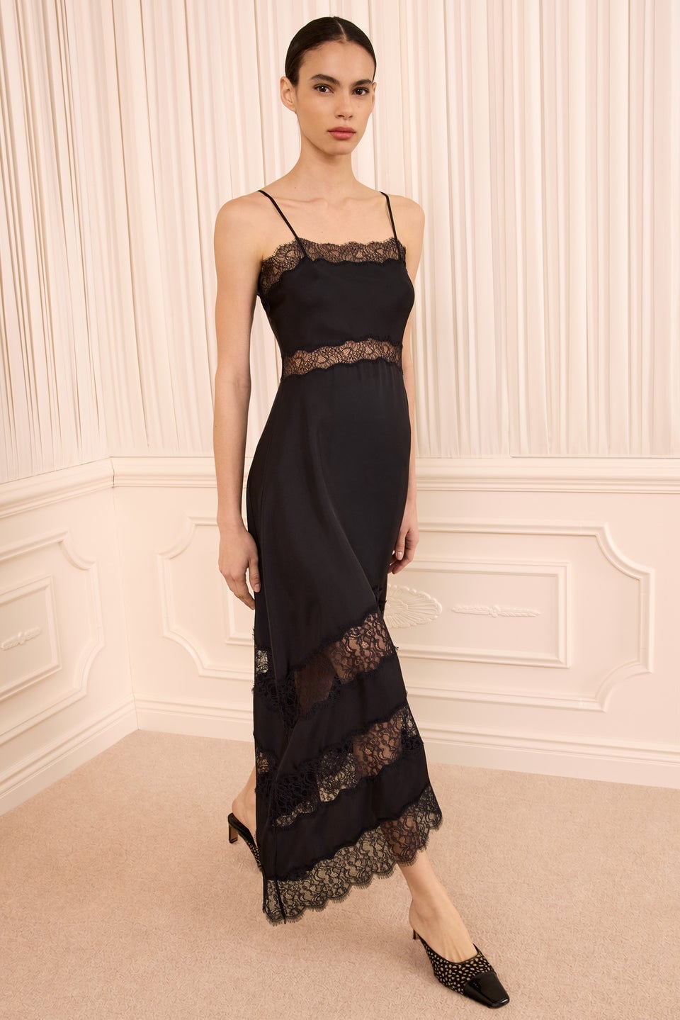 Black Satin Slip Dress with Lace Trim — Elegant Cocktail Dresses