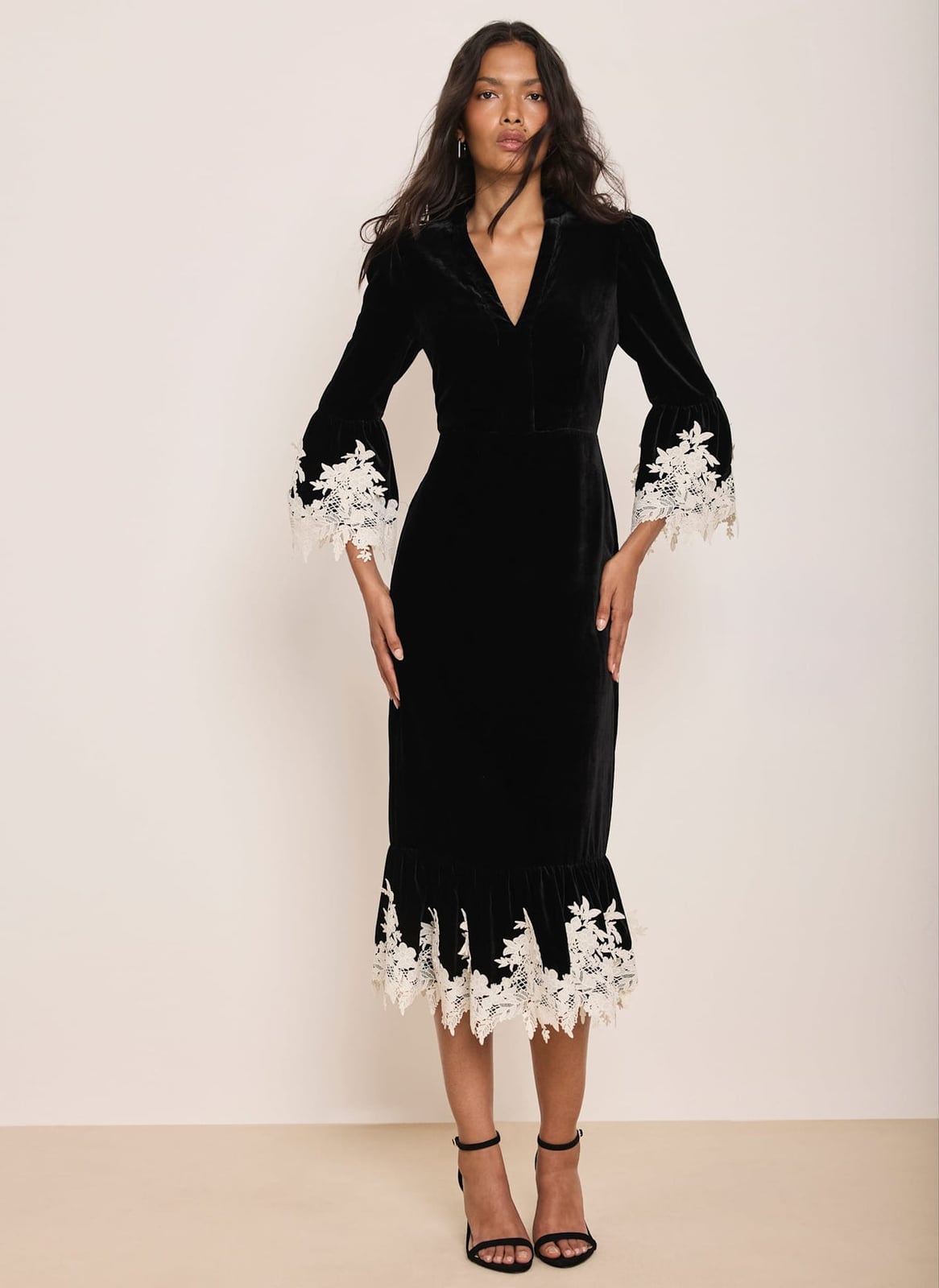 Black Velvet Midi Dress with Cream Lace Trim — Elegant Cocktail Dresses