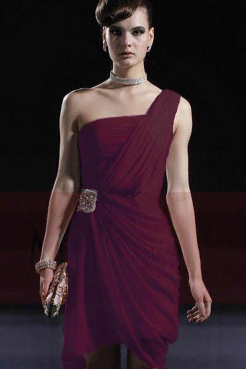 Deep Burgundy One-Shoulder Draped Dress with Asymmetrical Hem — Elegant Cocktail Dresses