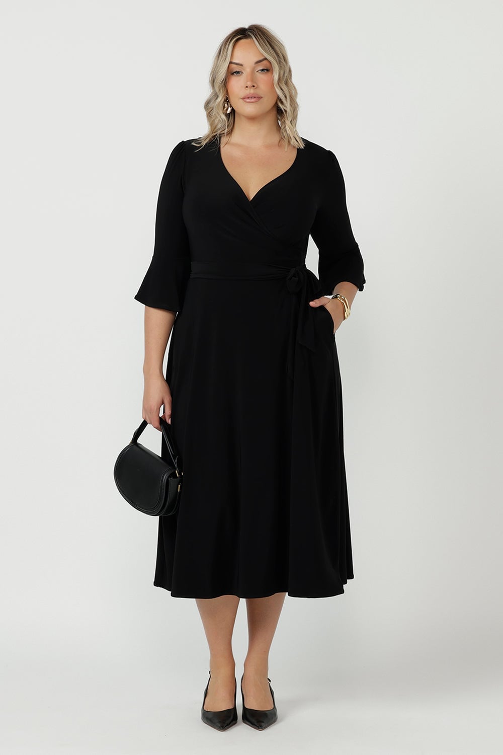 Black Jersey Wrap Dress with Three-Quarter Sleeves — Elegant Cocktail Dresses