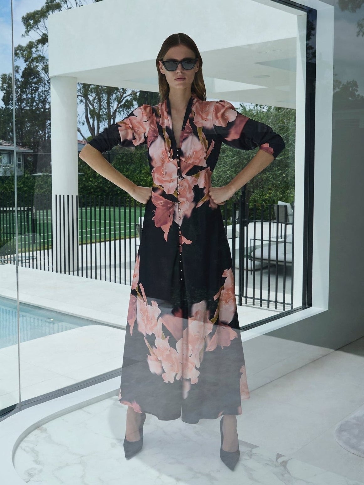 Black Floral Print Fit-And-Flare Dress with Puff Sleeves — Elegant Cocktail Dresses
