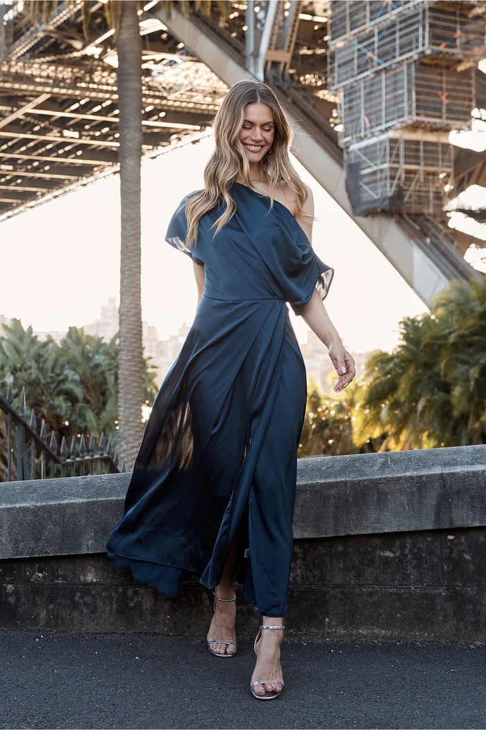 Navy Satin One-Shoulder Draped Dress with Asymmetrical, Close-Up Take — Elegant Cocktail Dresses