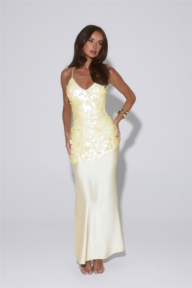 Pale Yellow Embellished Bodice Slip Dress with Satin Skirt — Elegant Cocktail Dresses