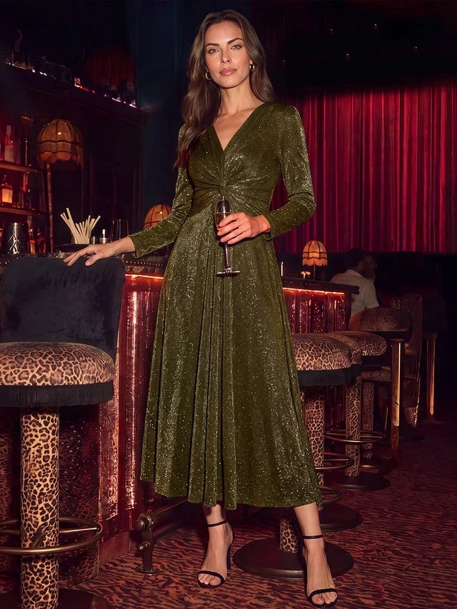 Olive Green Sparkly Knit Dress with Flared Midi Skirt — Elegant Cocktail Dresses