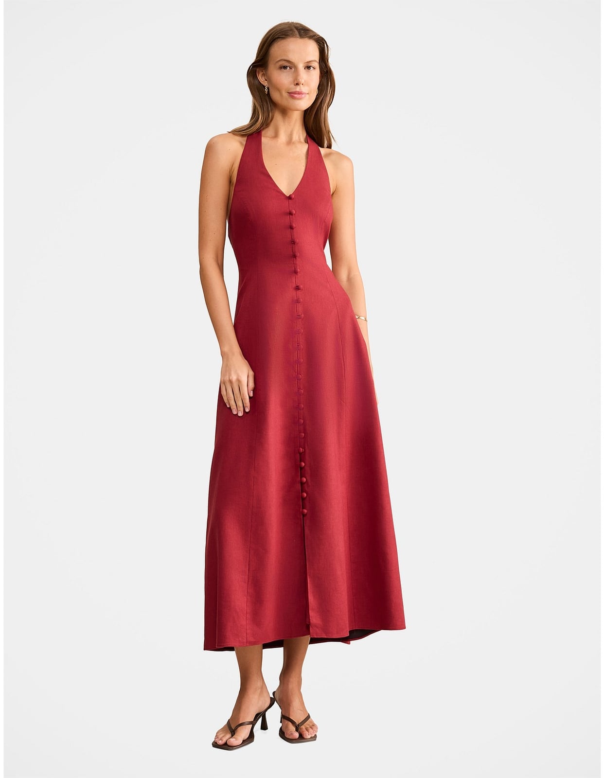 Red Linen-Blend Button-Front Maxi Dress — Elegant Cocktail Dresses
