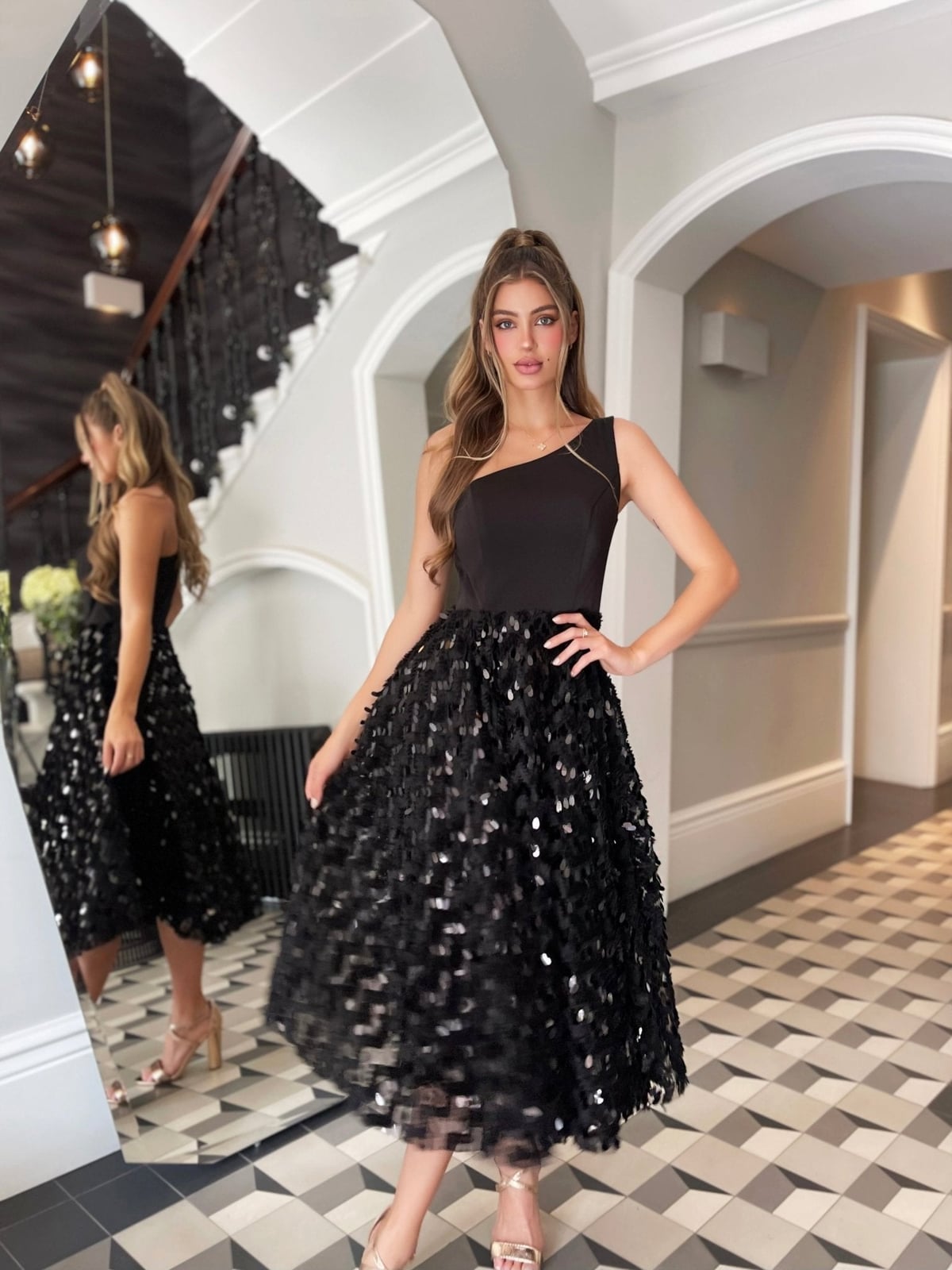 Black Sequin One-Shoulder Fit and Flare Dress — Elegant Cocktail Dresses