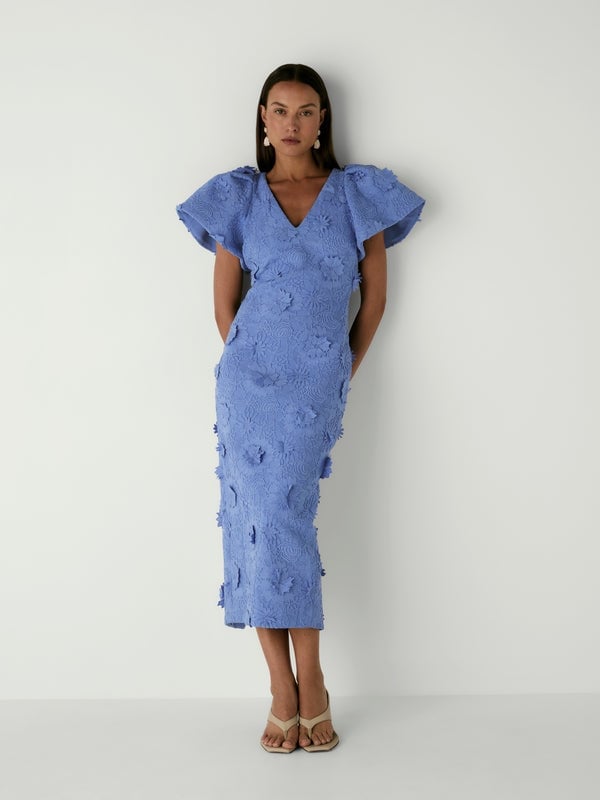 Periwinkle Blue Midi Dress with 3D Floral Appliqué Sleeves — Elegant Cocktail Dresses